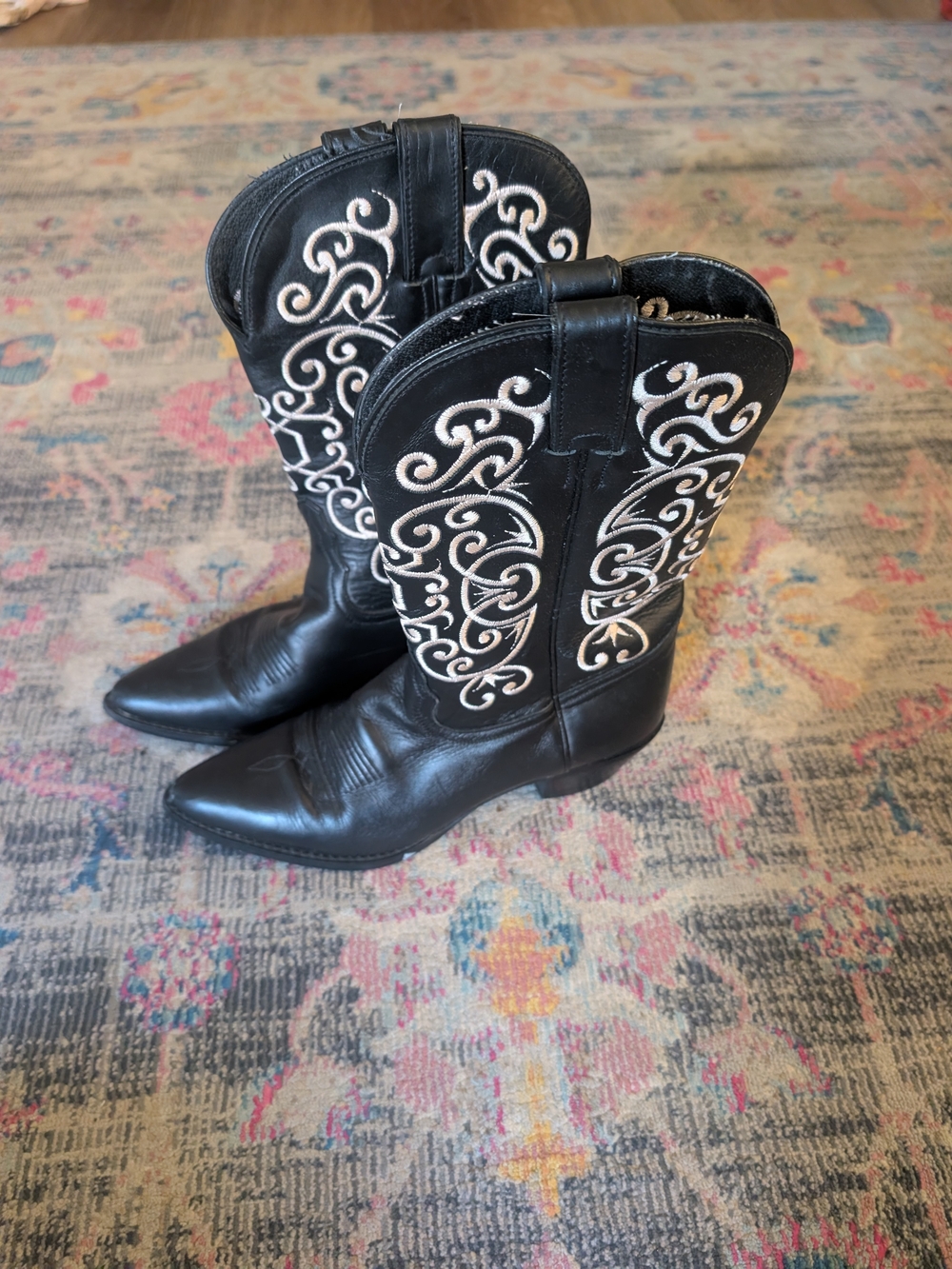Tony Lama Black Leather Western Boots with White Embroidery